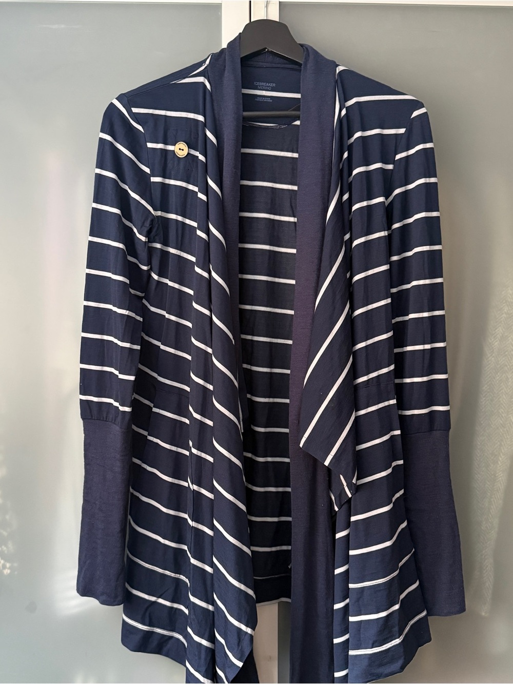 Icebreaker Navy and White Striped Bliss Wrap Cardigan